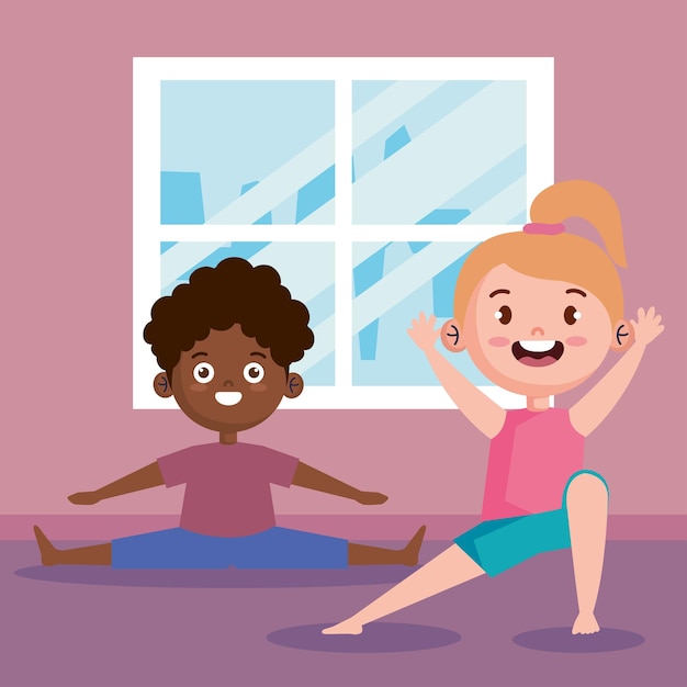 interracial kids couple practicing yoga characters