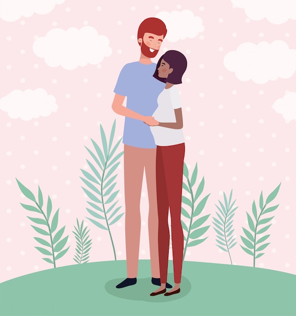 Free vector interracial lovers couple pregnancy characters in the landscape