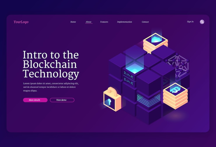 Free Vector intro to blockchain technology isometric landing page.