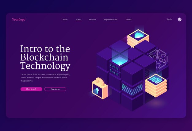 Intro to blockchain technology isometric landing page.