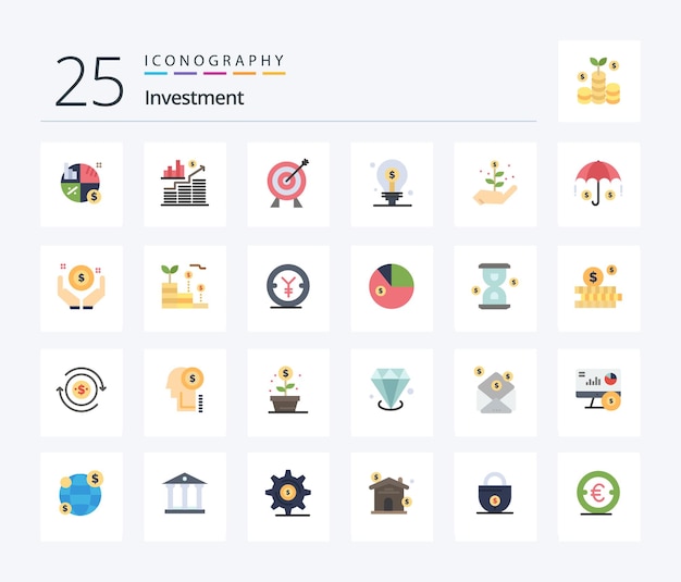 Free vector investment 25 flat color icon pack including insurance startup bulb investment investment