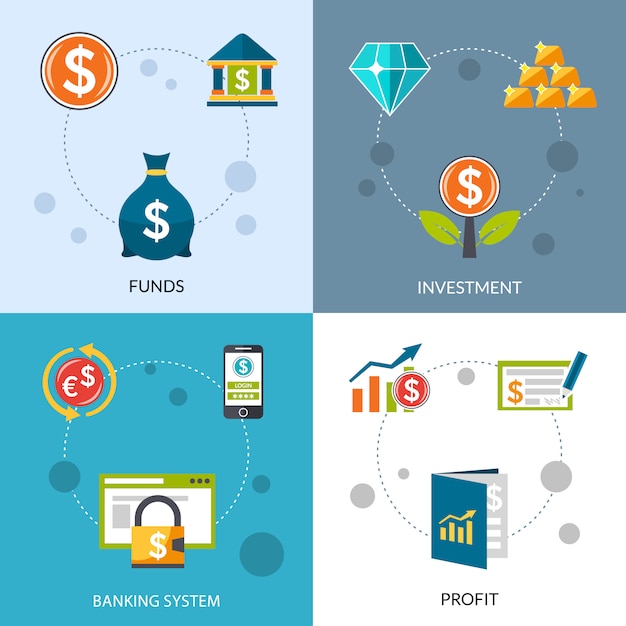 Investment funds profit icons set