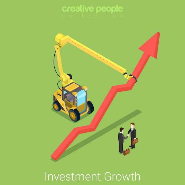 Free vector investment growth flat isometric real estate business partnership deal concept  two businessmen handshake growing arrow indicator construction transport manipulator