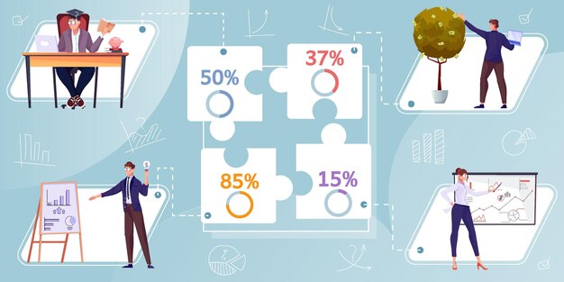 Investment infographics with puzzle pieces percentage graphs and doodle human characters with icons of bar charts  illustration