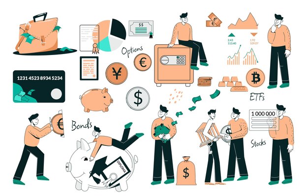 Free Vector investment portfolio diversification flat set with isolated icons of coins money shares graphs and human characters vector illustration