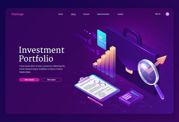 Free vector investment portfolio isometric landing page banner