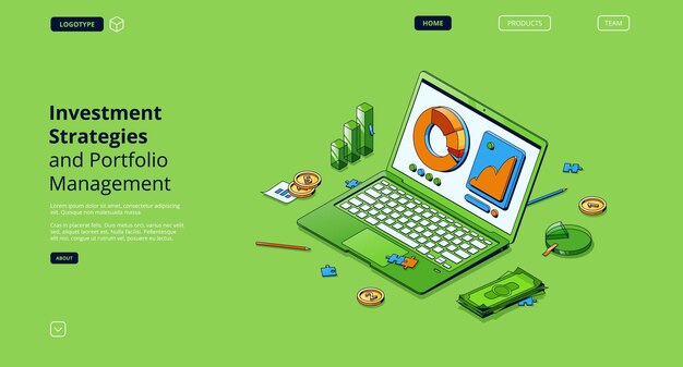 Изометрическая целевая страница инвестиционных стратегий и управления портфелем