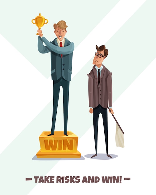 Бесплатное векторное изображение Инвестор, победитель бизнеса, неудачники, мужчины с двумя мужчинами-бизнесменами, рискуют и побеждают