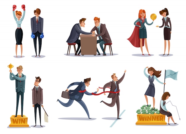 Free vector investor business winner loser characters set of isolated images with doodle style characters enter sport competitions