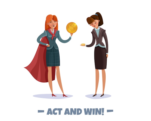 Free vector investor business winner loser characters women with text and doodle style images of businesswomen in costumes