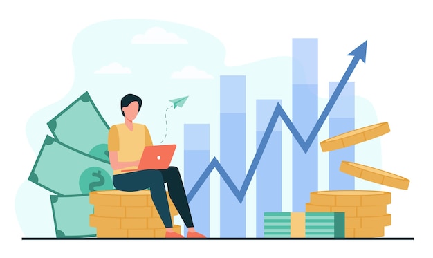 Investor with laptop monitoring growth of dividends. Trader sitting on stack of money, investing capital, analyzing profit graphs. Vector illustration for finance, stock trading, investment