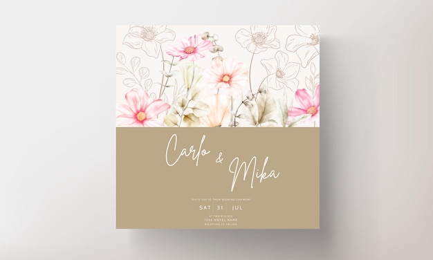 Free vector invitation card template with beautiful pink flower and golden floral