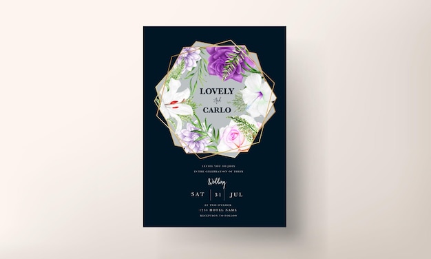 Free vector invitation card template with beautiful purple floral