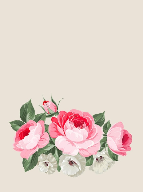 Vettore gratuito modello di biglietto d'invito con rose in fiore e posto per testo isolato su sfondo grigio. composizione di colore rosso. illustrazione vettoriale.