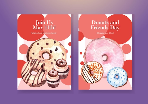 Invitation card template with donut party conceptwatercolor style