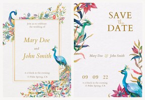 Invitation card templates with watercolor peacocks and flowers illustration