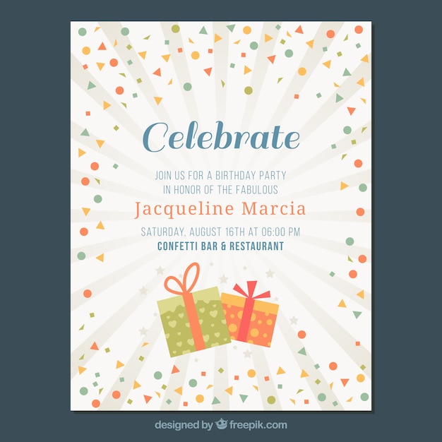 Free vector invitation card with confetti and starburst background