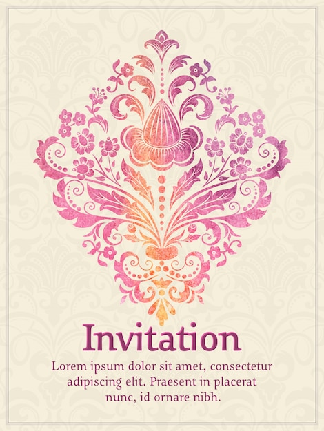 invitation card with watercolor damask element on the light damask background