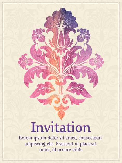 invitation card with watercolor damask element on the light damask background