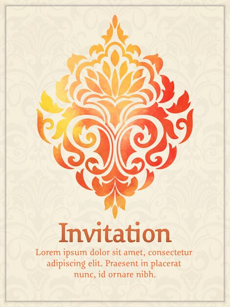 invitation card with watercolor damask element on the light damask background