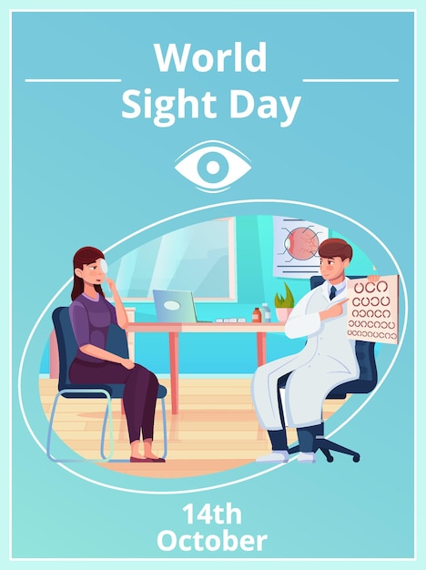 Invitation card to world sight day girl checks eyesight at the ophthalmologist flat vector illustration