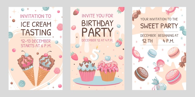 Biglietti d'invito con dolci. gelato, amaretti, illustrazioni di cupcakes di compleanno