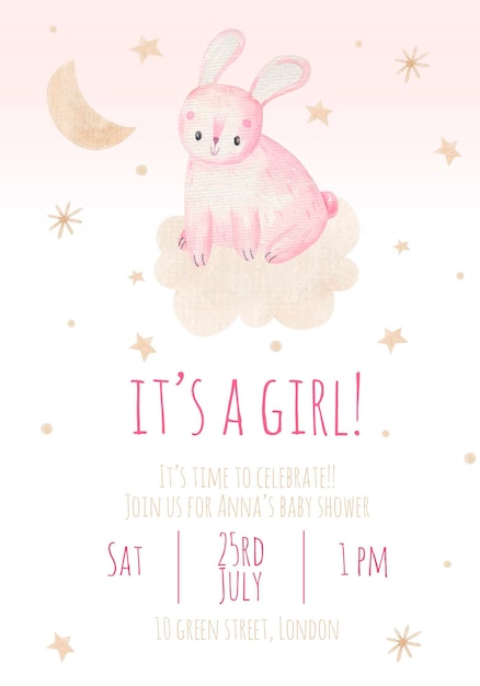 Invitation to childrens party its a girl cute watercolor childrens illustration with a rabbit