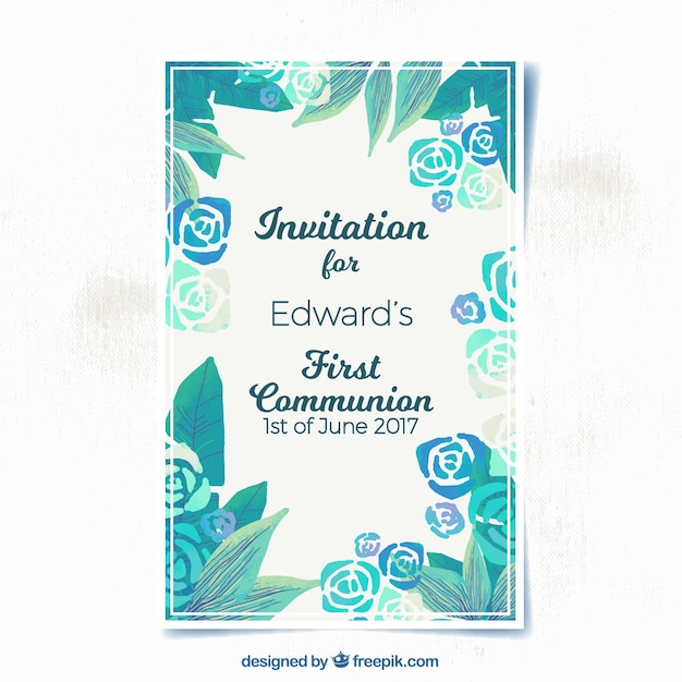 Invitation of first communion watercolor roses