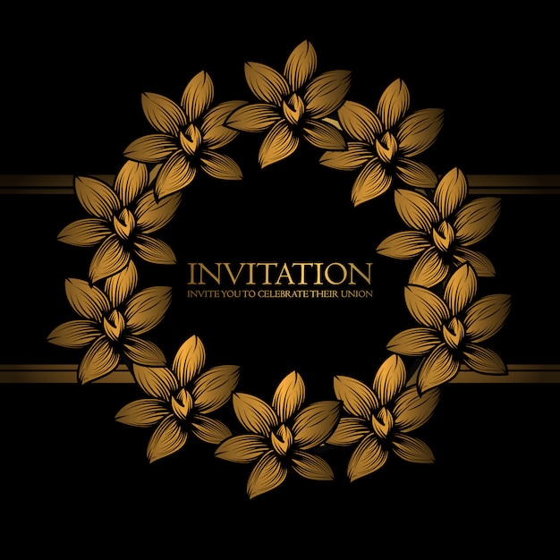 Invitation template with golden floral wreath