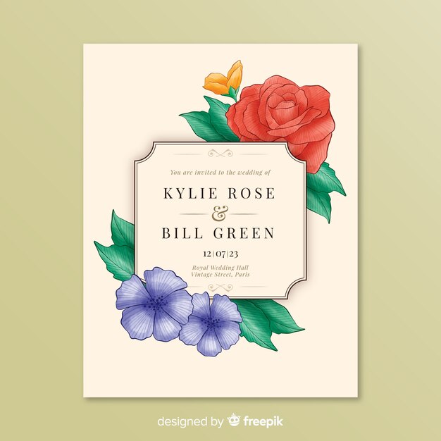 Free vector invitation to wedding with flowers