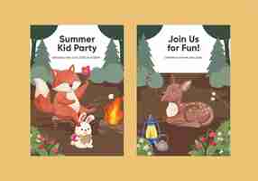 Free vector invited card template with animal camping summer conceptwatercolor style