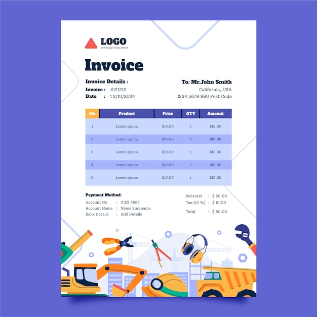 Free vector invoice template for construction domain