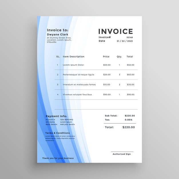 invoice template design with blue wavy shape