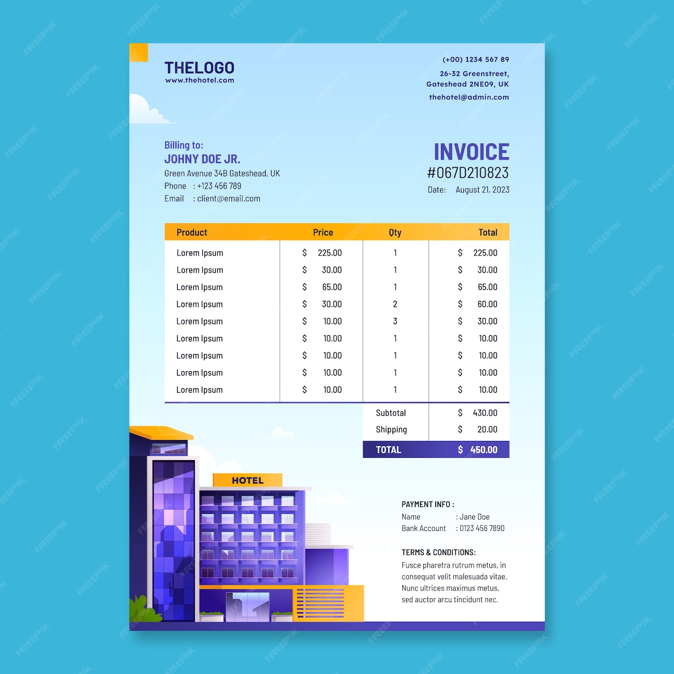 Free Vector | Invoice template for hotel business