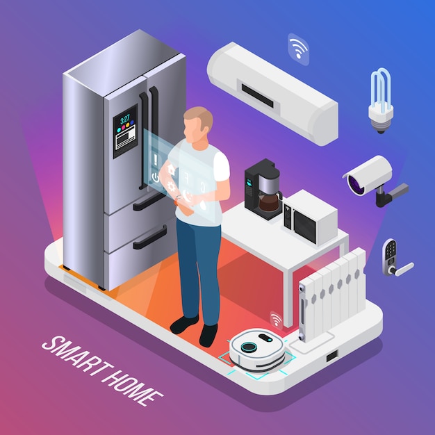 Composizione isometrica nella videocamera di sicurezza degli elettrodomestici da cucina di iot con il proprietario che controlla frigorifero astuto con l'illustrazione dell'esposizione di tocco