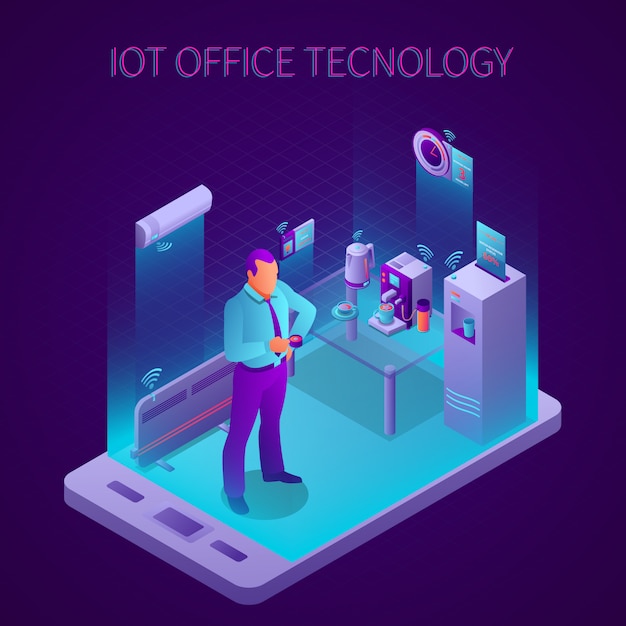 Iot technology in break room of business office isometric composition vector illustration