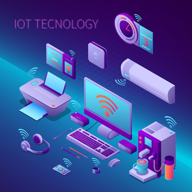 iot technology isometric composition with office equipment and electronic personal gadgets vector illustration