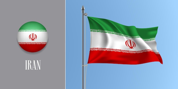 Иран развевается флагом на флагштоке и круглый значок векторные иллюстрации. реалистичный 3d-макет с дизайном иранского флага и круглой кнопки