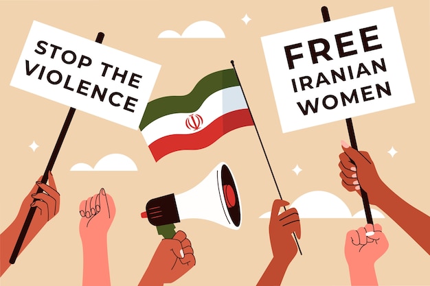 Donne iraniane che protestano con gli striscioni