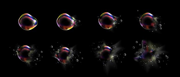 Iridescent foam bubble burst explosion sprite animation Glass spectrum sheet with rainbow reflection Abstract magic blowing balloon 3d game storyboard kit Clear circle sphere destroy fx isolated