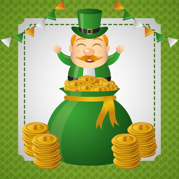 Irish goblin coming out of a money bag with gold coins.