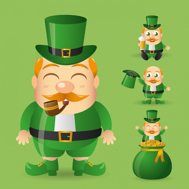 アイルランドのゴブリンは、緑の帽子で喫煙パイプをセットし、お金の袋から出てきました。