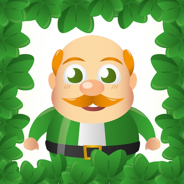 Leprechaun irlandese che sorride in una cornice di treboels verdi, giorno di st patricks