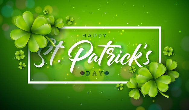 Irish saint patricks day illustration with falling clovers and typography letter on green background