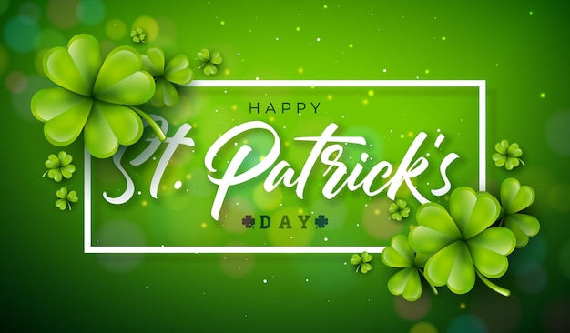 Irish Saint Patricks Day Illustration with Falling Clovers and Typography Letter on Green Background