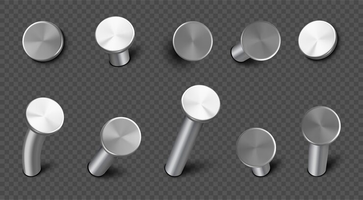 Free Vector iron nails hammered in wall, straight and bent steel spikes with circle head. realistic set of metal pins, hardware hobnails, carpentry and construction tools isolated on transparent background