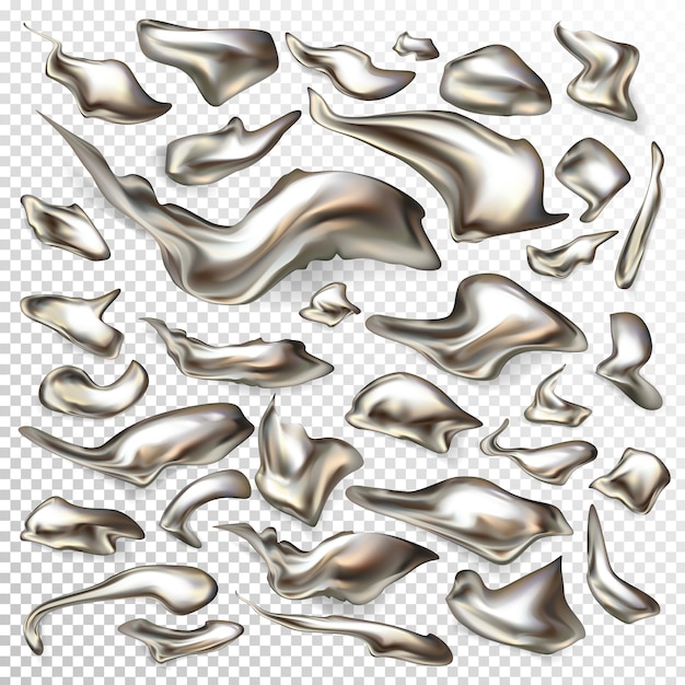 Irregular shape, shiny liquid metal or mercury drops and swirls 3d realistic vector set