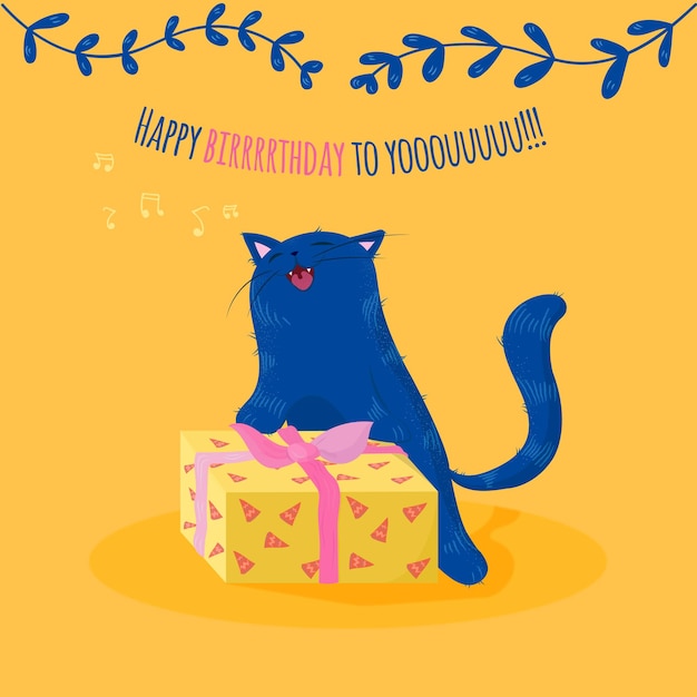 Бесплатное векторное изображение Открытка на день рождения с поющим котом