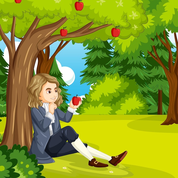 Free vector isaac newton sitting under apple tree