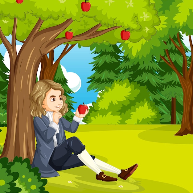 リンゴの木の下に座っているアイザックニュートン